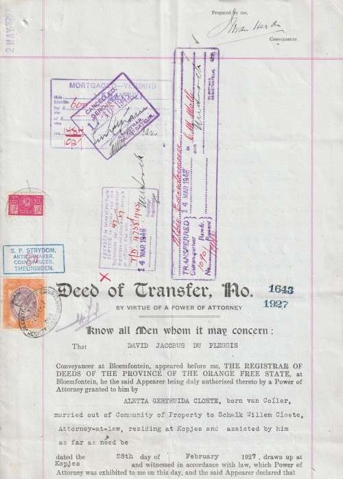 South Africa Union - 1927 1945 - Mixed Revenue Usage on Deed of Transfer