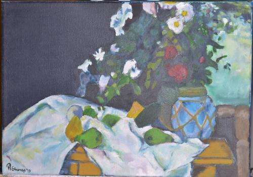 `Table with flowers and fruit` Oil painting