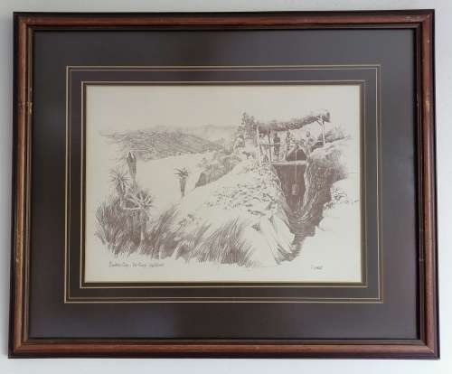 Framed P de Wet pencil sketch: Eureka City De Kaap Goldfields