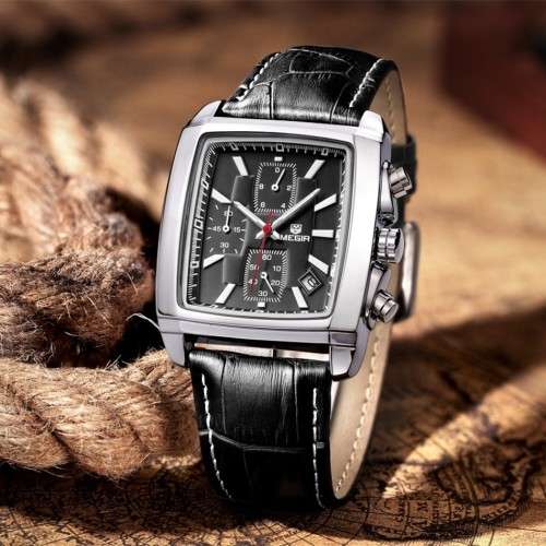 Luxury MEGIR Men Military Sport Luminous Wristwatch Chronograph Leather Quartz Watch