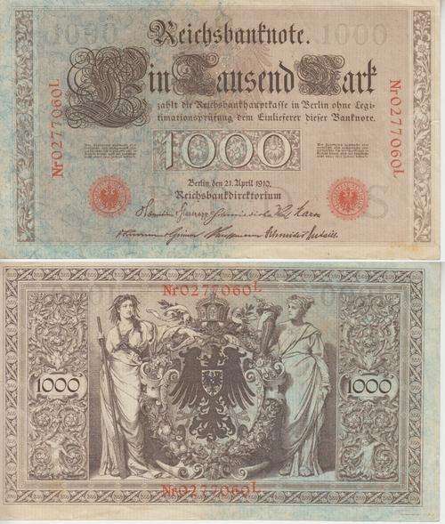 GERMANY REICHSBANKNOTEN 1000 Mark 1910 P 45b  VF