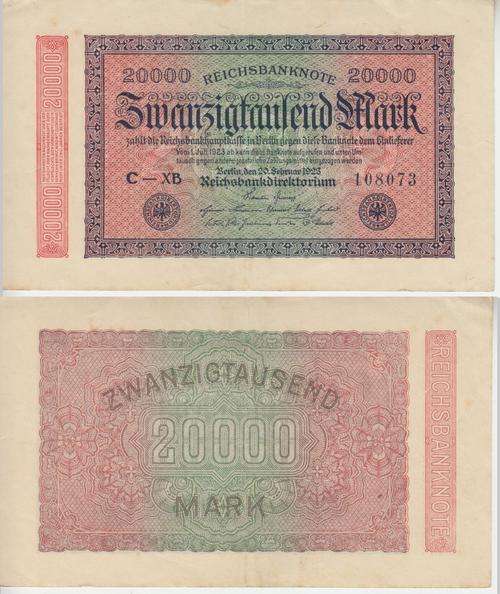 GERMANY REICHSBANKNOTE 20000 MARK 1923 P85a  VF