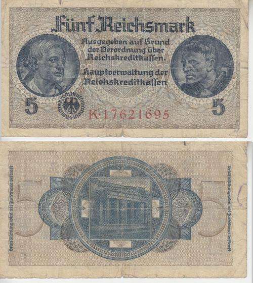 GERMANY WORLD WAR II -  5 REICHSMARK 1940-45 R138b  F