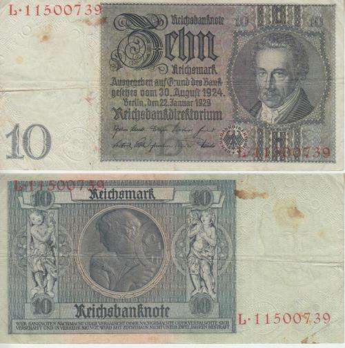 GERMANY - REICHSBANKNOTE  10 MARK 1929 P180a  VF