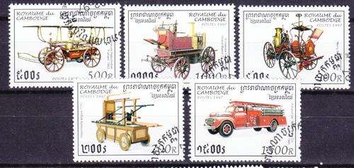 5 BEAUTIFUL THEMATIC STAMPS - VINTAGE FIRE ENGINES - CAMBODIA
