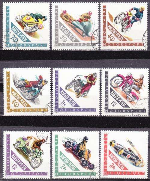 9 BEAUTIFUL THEMATIC STAMPS - CARS & BIKES - MOTOR SPORTS  - HUNGARY