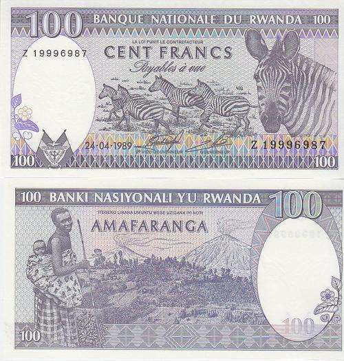RWANDA 100 FRANCS 1989 P 19 UNC