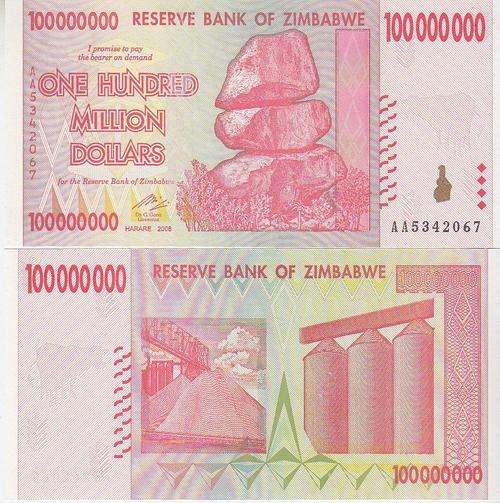 ZIMBABWE 100 Million dollars 2008 P-80 UNC