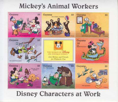 DISNEY MINIATURE SHEET OF 8 STAMPS - MICKEY'S ANIMAL WORKERS - GUYANA - MNH
