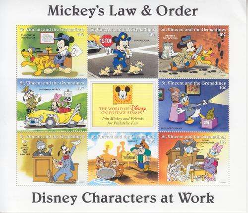 DISNEY MINIATURE SHEET OF 8 STAMPS - MICKEY'S LAW AND ORDER - ST.VINCENT & GRENADINES - MNH