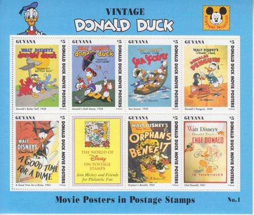 DISNEY MINIATURE SHEET OF 7 STAMPS - VINTAGE MOVIE POSTERS - DONALD DUCK - GUYANA - MNH