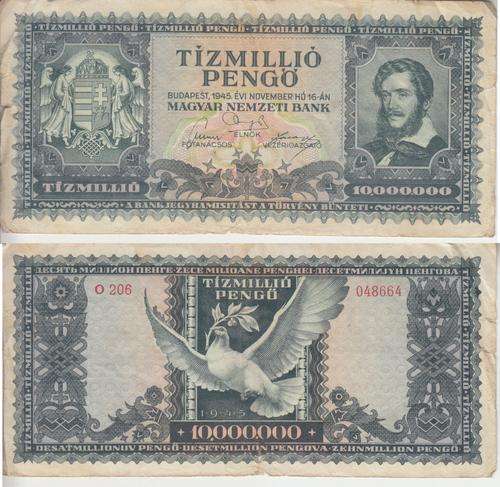POST WORLD WAR II INFLATIONARY ERA - HUNGARY 10,000,000 PENGO 1945 P123 F
