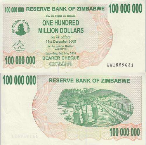 ZIMBABWE 100 MILLION DOLLARS 2008  P-58 UNC BEARER CHEQUE