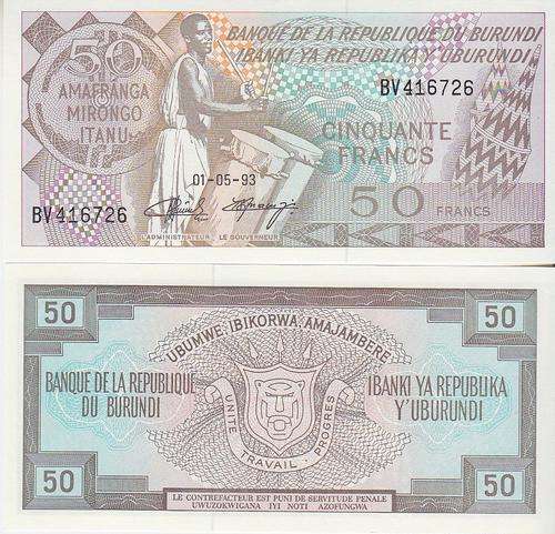 BURUNDI 50 FRANCS 1993 P 28 UNC