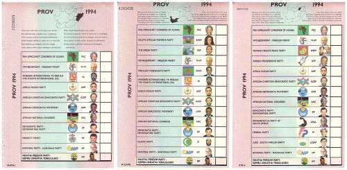 3 x SOUTH AFRICA 1994 BALLOT PAPER (with Nelson Mandela) -Western Cape, Natal & PWV
