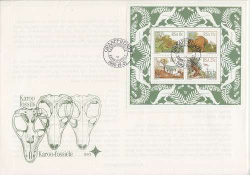 SALE!!!!  PREHISTORIC ANIMALS - SOUTH AFRICA - MINIATURE SHEET ON FDC S10