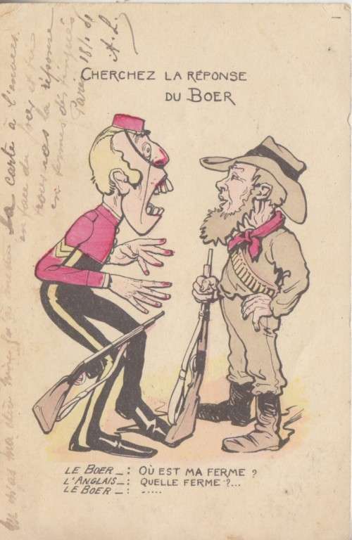 BOER WAR POSTCARD - BOER ASKING:WHERE IS MY FARM? WHICH FARM? - USED 1901 FRANCE