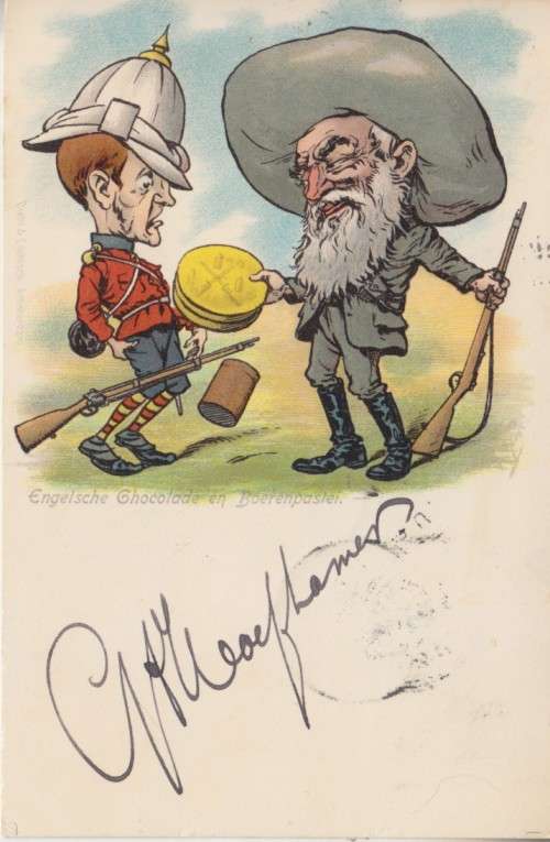BOER WAR POSTCARD - ARTIST: ARTHUR THIELE - ENGLISH CHOCOLATE & BOERENPASTEI - USED IN NETHERLANDS