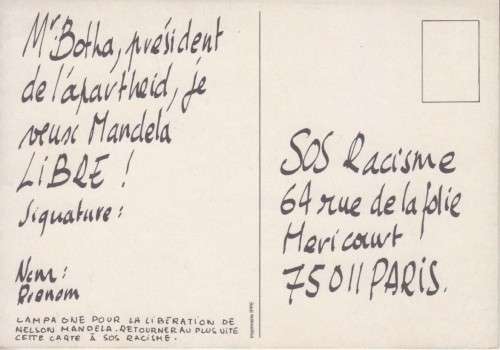 FRENCH FREE MANDELA ANTI-APARTHEID POSTCARD - 1962-1988 INCLUDES MESSAGE TO PRES. P.W.BOTHA
