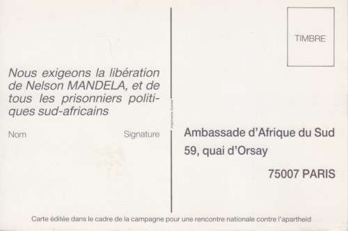 FRENCH ANTI-APARTHEID / FREE MANDELA POSTCARD ANC  ADDRESSED TO SOUTH AFRICAN EMBASSY