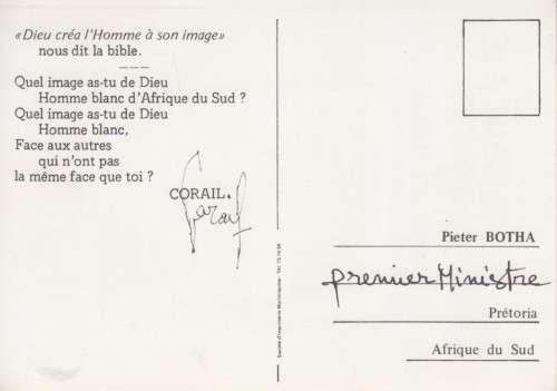 FRENCH ANTI-APARTHEID POSTCARD  - ADDRESS TO PRES.P.W.BOTHA