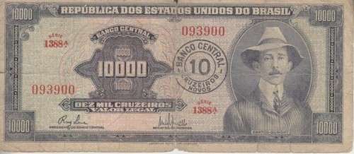 BRAZIL 10 CRUZEIROS NOVOS ON 10,000 CRUZERIOUS 1966-67 P189 F