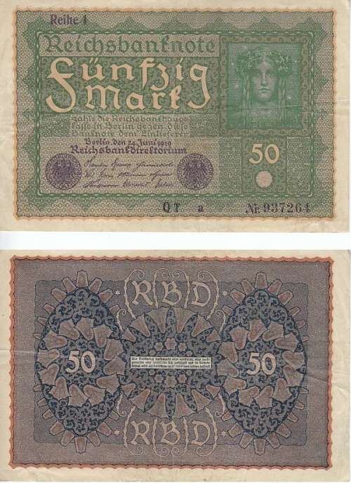 GERMANY REICHSBANKNOTE 50 MARK 1919 P.66  VF