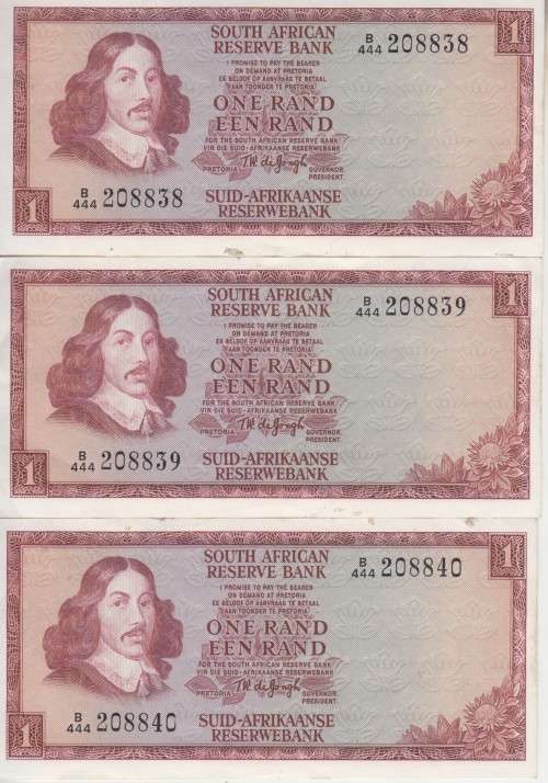 SOUTH AFRICA - 3X ONE RAND BANKNOTES T.W.DE JONGH B444 3RD ISSUE 1975 F. ENG/AFR.CONSECUTIVE NUMBERS