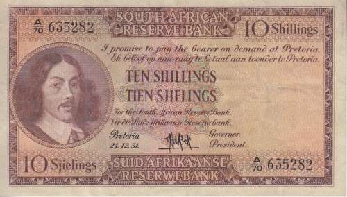 SOUTH AFRICA - TEN SHILLINGS BANKNOTE A70 3RD ISSUE M.H.DE KOCK 24.12.1951 VF ENG/AFR