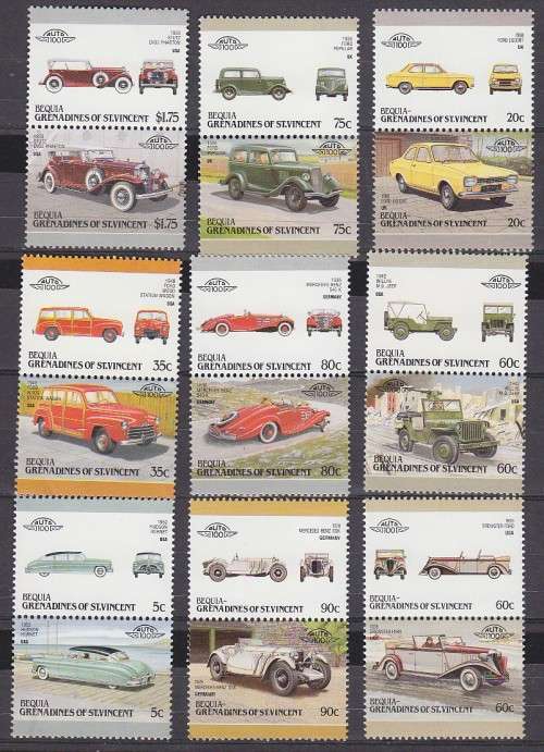 18 BEAUTIFUL THEMATIC STAMPS IN PAIRS - CARS - GRENADINES OF ST.VINCENT