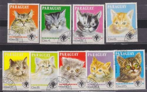 9 BEAUTIFUL THEMATIC STAMPS - CATS - PARAGUAY - INTERNATIONAL YEAR OF THE CHILD