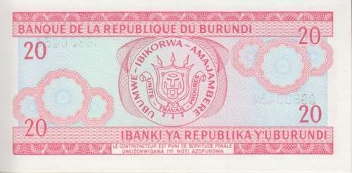 BURUNDI 20 FRANCS 1995 P 27 UNC