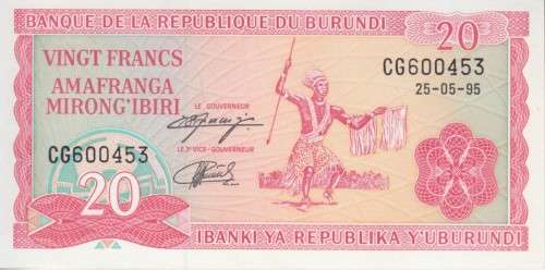 BURUNDI 20 FRANCS 1995 P 27 UNC
