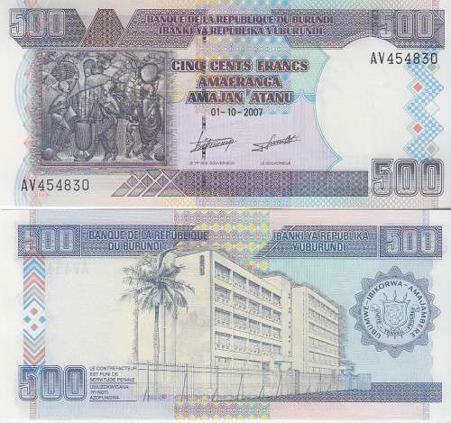BURUNDI 500 FRANCS 2007 P 38 UNC