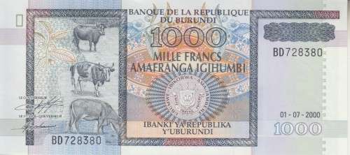 BURUNDI 1000 FRANCS 2000 P 39 UNC