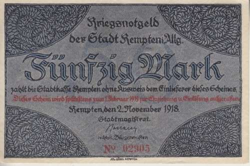 GERMANY 50 MARK 1918 (NOTGELD-EMERGENCY MONEY) STADT KEMPTEN XF