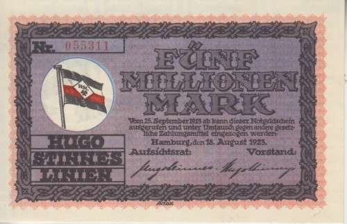 GERMANY 5 MILLION MARK 1923 (NOTGELD-EMERGENCY MONEY) HUGO STINNES LINIEN AUNC