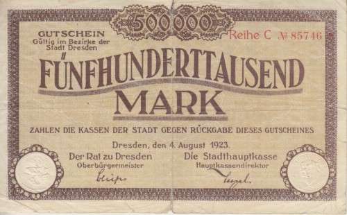 GERMANY 500 000 MARK 1923 (NOTGELD-EMERGENCY MONEY) DRESDEN F