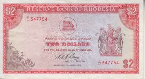 RHODESIA $2 - 2 DOLLAR - 4 JANUARY 1972 - P31a VF