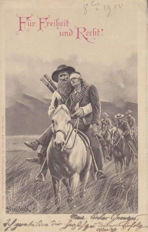 BOER WAR GERMAN POSTCARD - FOR FREEDOM AND RIGHT- DE LA REY AND HIS WOUNDED SON ADRIAAN  - USED 1900