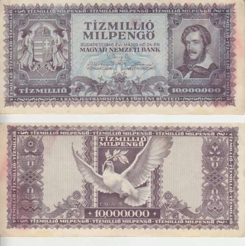 POST WORLD WAR II INFLATIONARY ERA - HUNGARY 10 million PENGO 1946 P129 VF