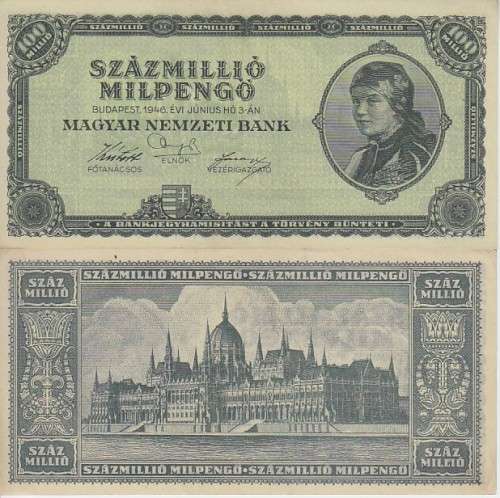POST WORLD WAR II INFLATIONARY ERA - HUNGARY 100 million PENGO 1946 P130 VF