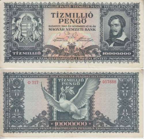 POST WORLD WAR II INFLATIONARY ERA - HUNGARY 10,000,000 PENGO 1945 P123 VF