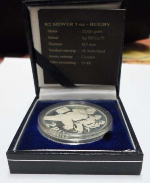 RUGBY - 1995 SOUTH AFRICA R2 SILVER 1 oz COIN IN ORIGINAL S.A.MINT BOX - RUGBY