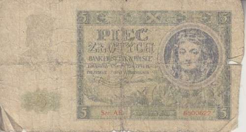 WORLD WAR 2 - POLAND 5 ZLOTE 1941 P101 VG