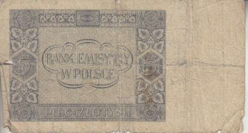 WORLD WAR 2 - POLAND 5 ZLOTE 1941 P101 VG