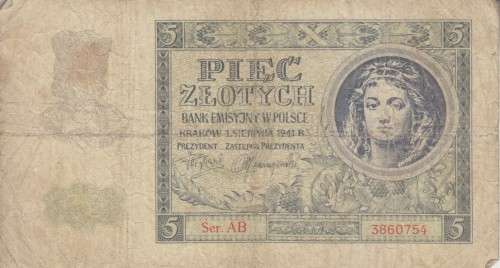 WORLD WAR 2 - POLAND 5 ZLOTE 1941 P101 F