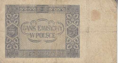 WORLD WAR 2 - POLAND 5 ZLOTE 1941 P101 F