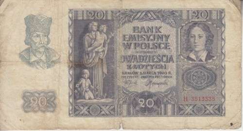 WORLD WAR 2 - POLAND 20 ZLOTYCH 1940 P95 VG
