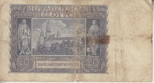 WORLD WAR 2 - POLAND 20 ZLOTYCH 1940 P95 VG